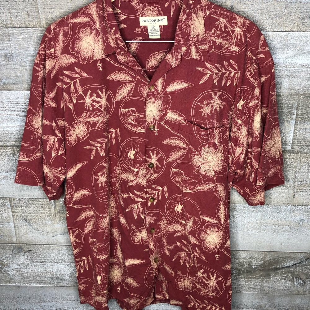 Portofino 100% silk men tropical vacation red palm tree button down shirt